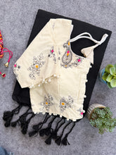 Black Handloom Cotoon Saree With Embrodry Work Stitched Blouse